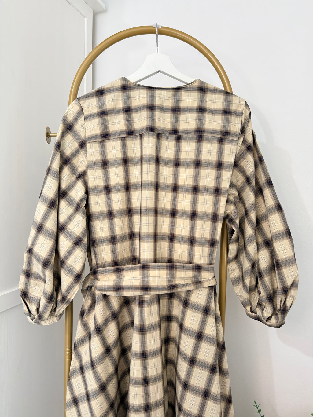 Beige Checked Belted Midi Dress