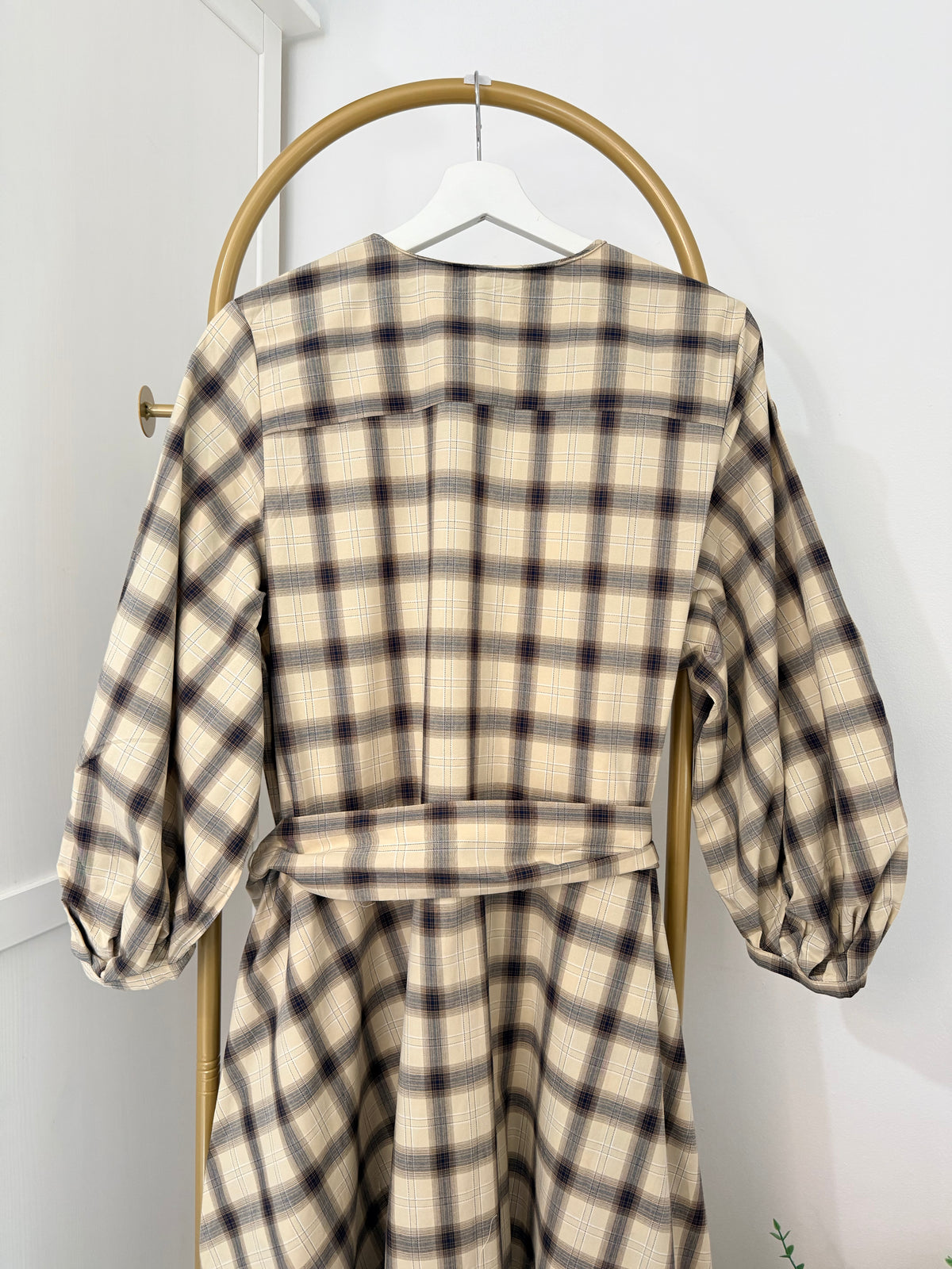 Beige Checked Belted Midi Dress