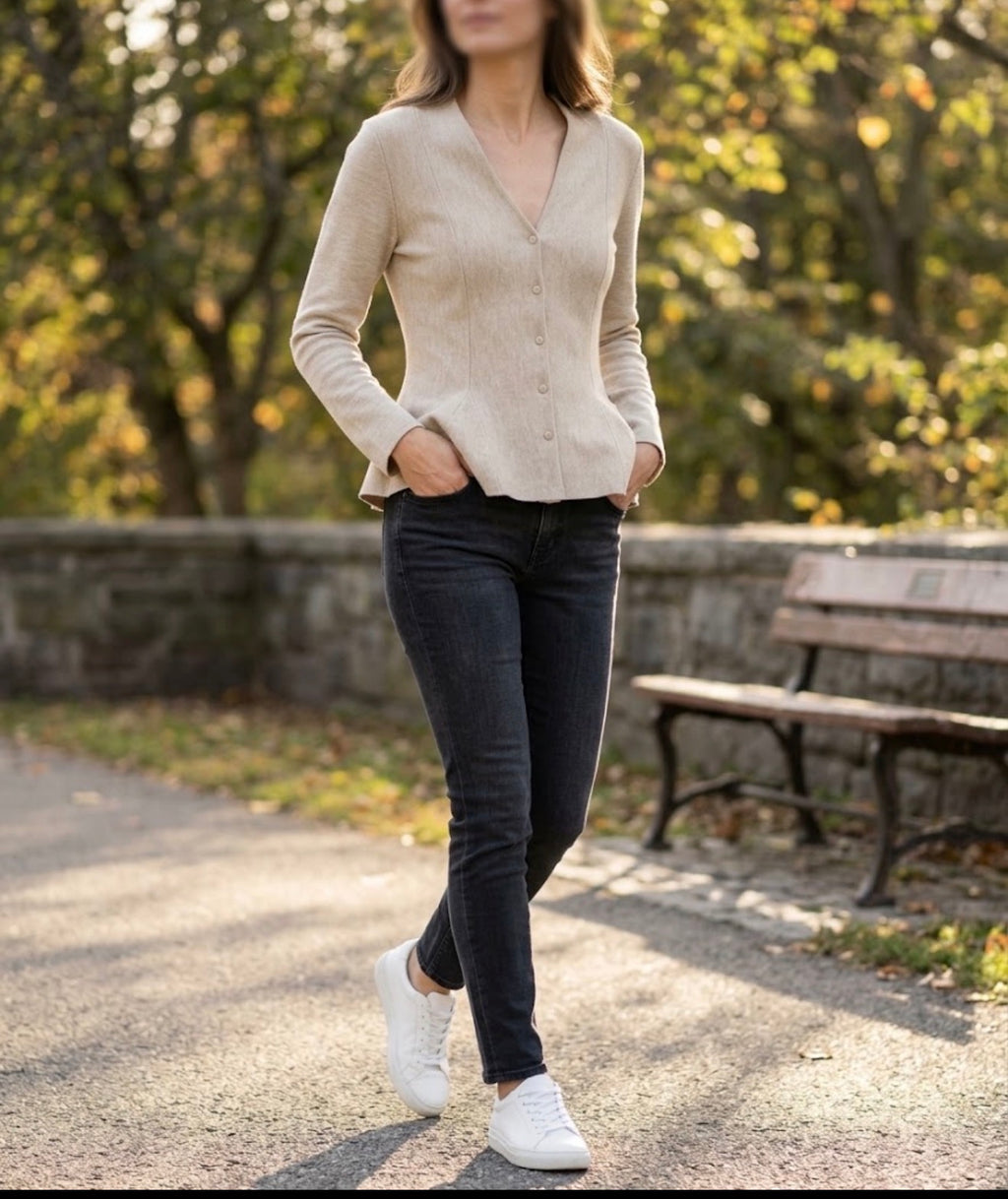     Woman wearing Zara beige knit peplum cardigan with dark jeans outdoors