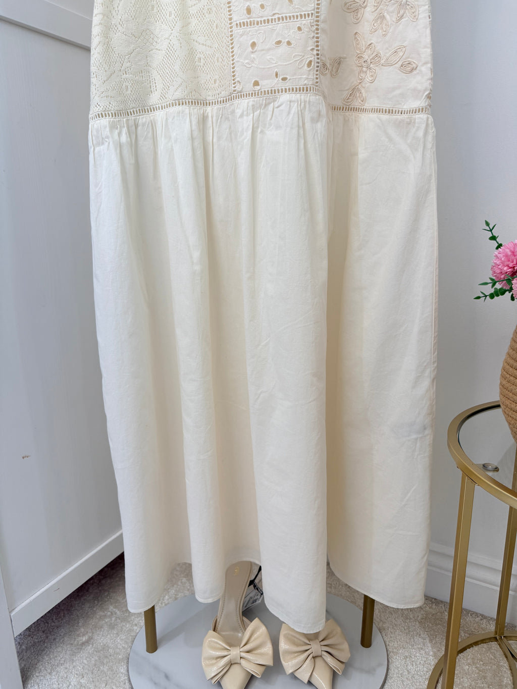 Cream Embroidered Crochet Midi Dress