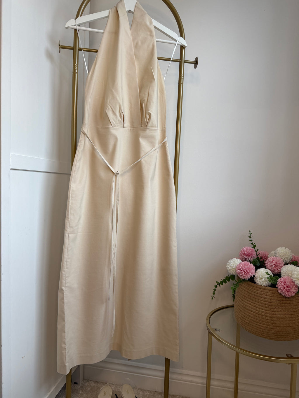 Halter Neck Beige Sleeveless Midi Dress