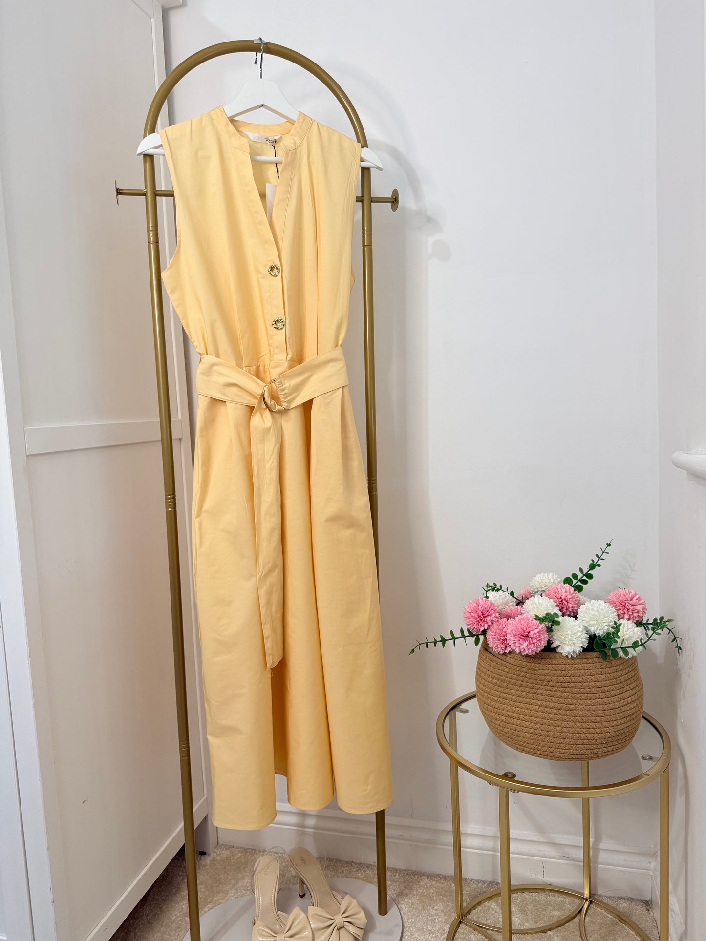 Zara yellow sleeveless poplin belted midi dress 5029/128