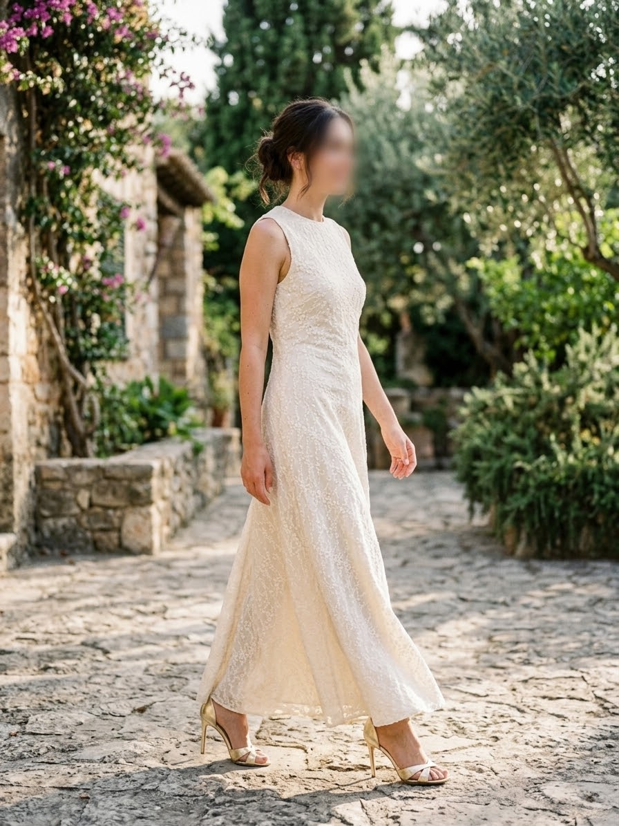 Cream Embroidered Sleeveless Midi Dress