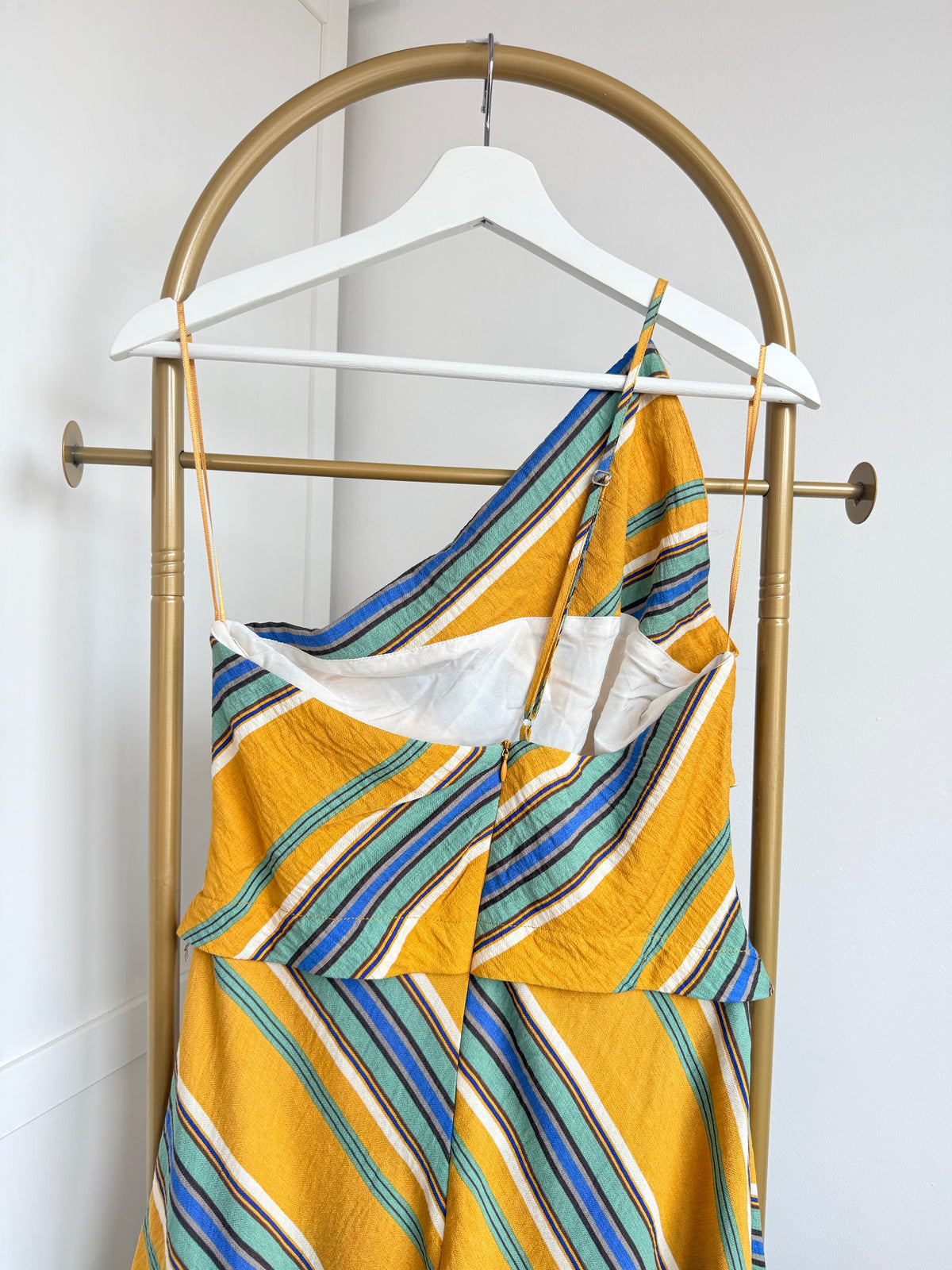Mustard Striped Asymmetric Midi Dress