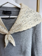     Close-up of Zara grey knit sweater and beige scarf detail