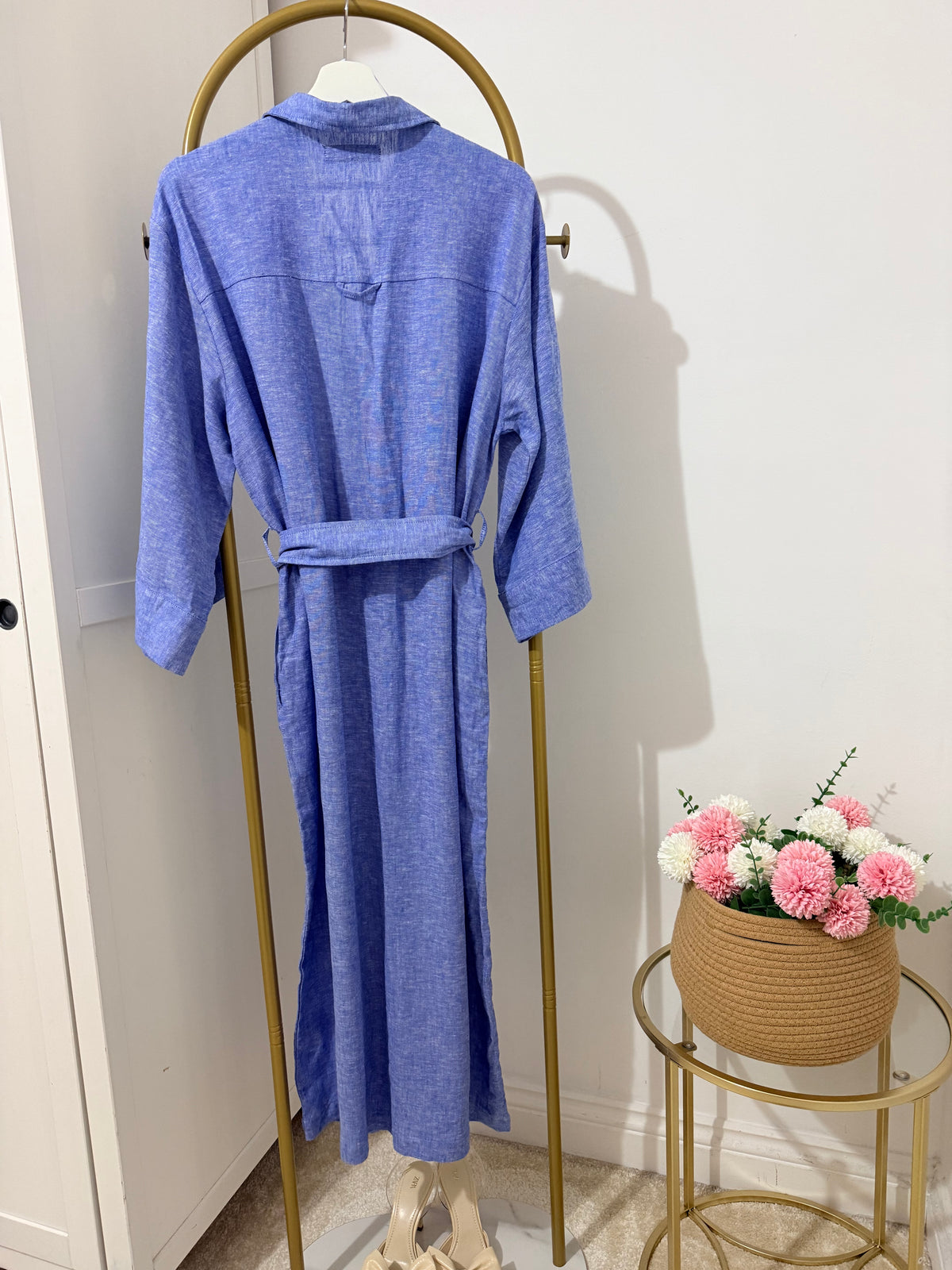Blue Linen Belted Shirt Dress