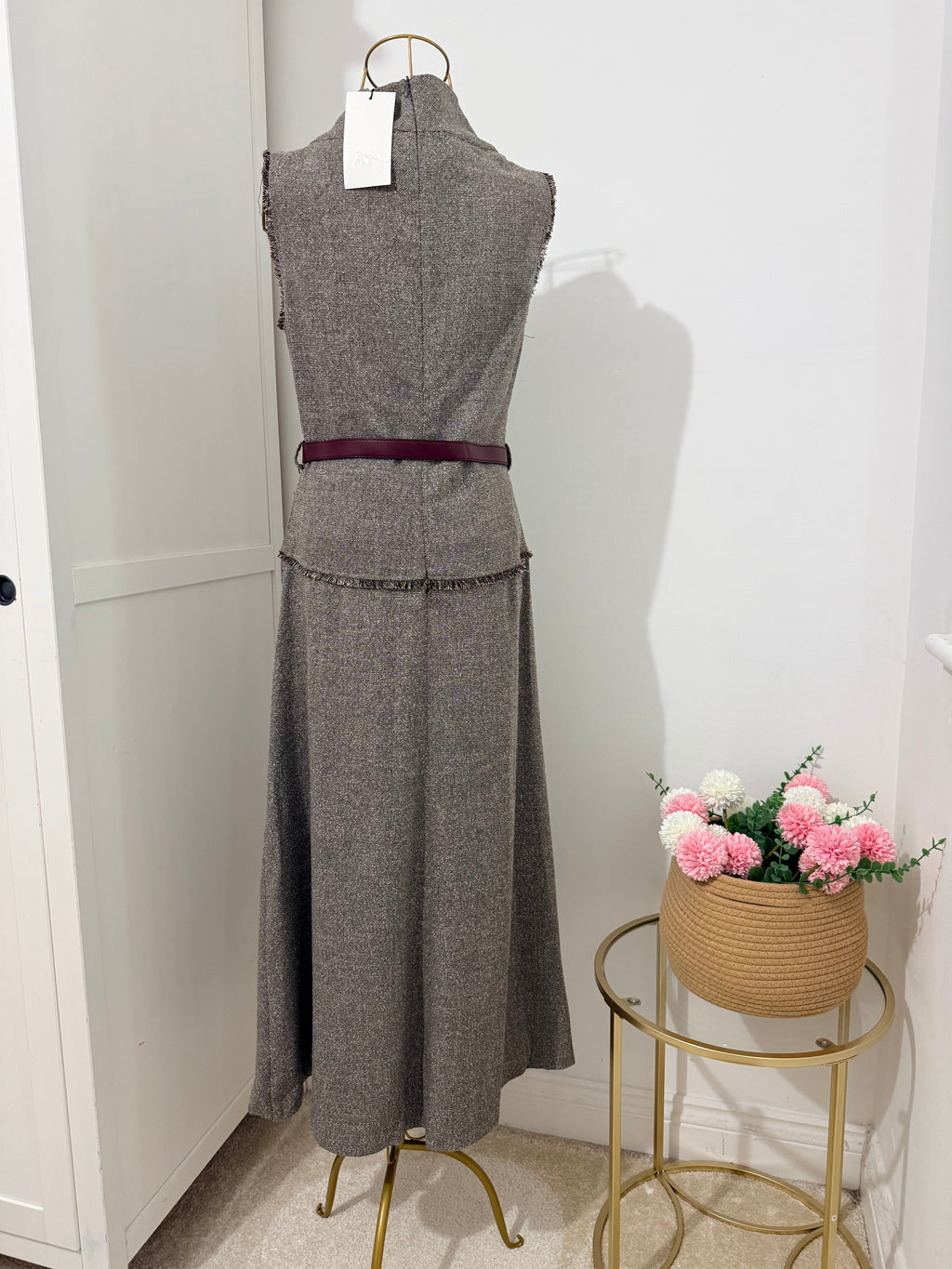     Zara beige tweed midi dress back view