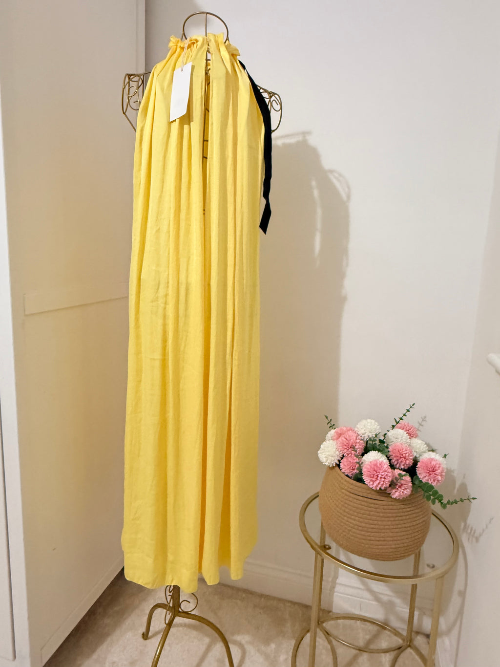 Yellow Pleated Satin Midi Dress