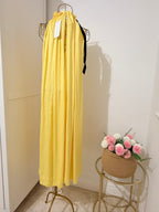 Yellow Pleated Satin Midi Dress