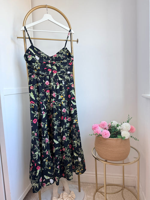 Black Floral Embroidered Sleeveless Midi Dress