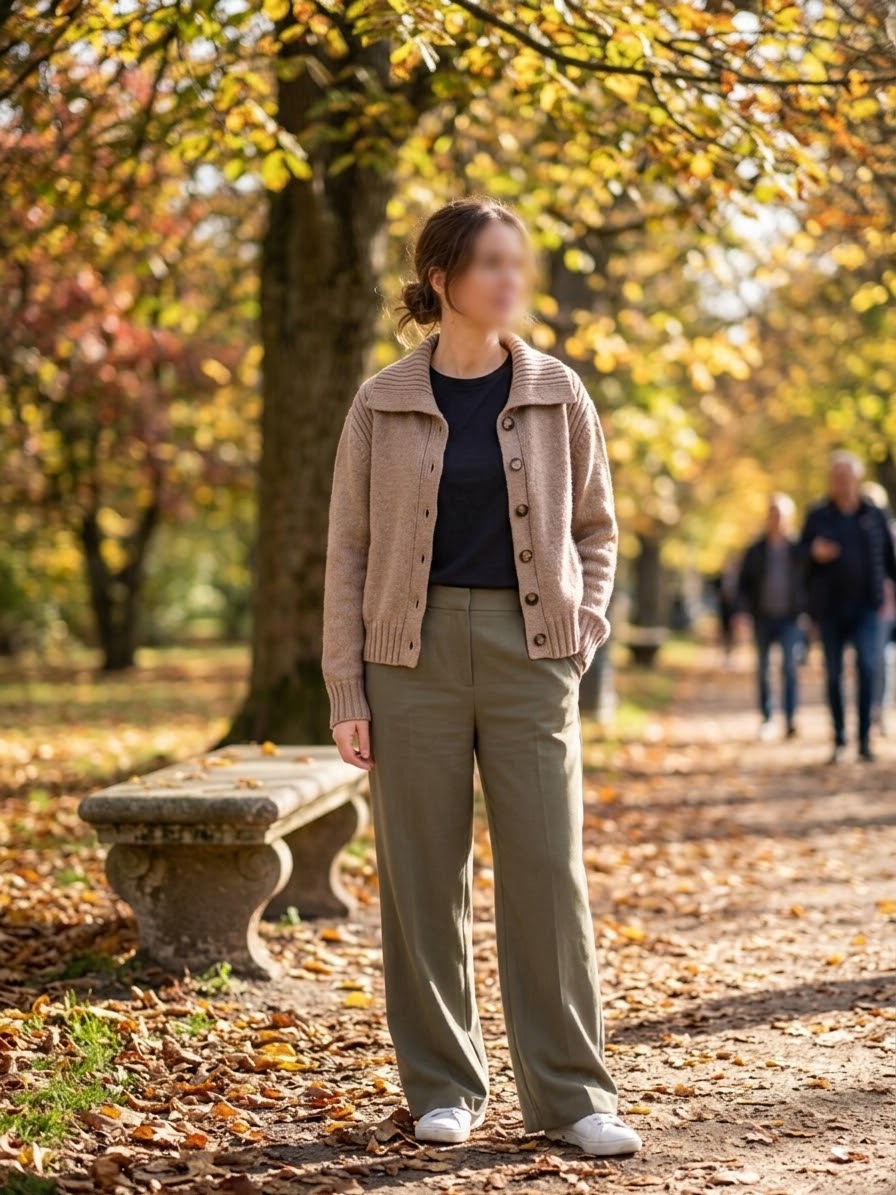     Zara beige knit cardigan worn by model