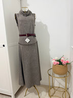     Zara beige tweed sleeveless belted midi dress front view