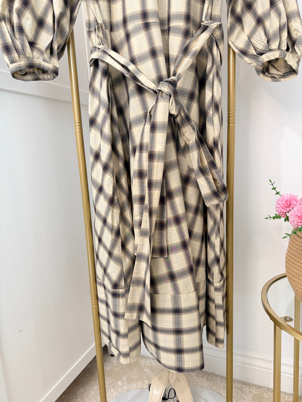 Beige Checked Belted Midi Dress