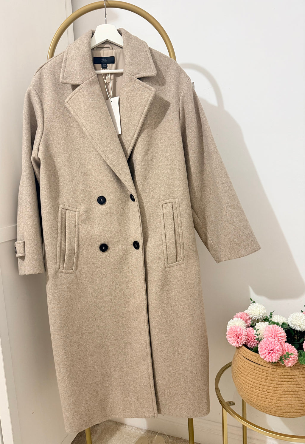    Zara beige double breasted long coat front detail