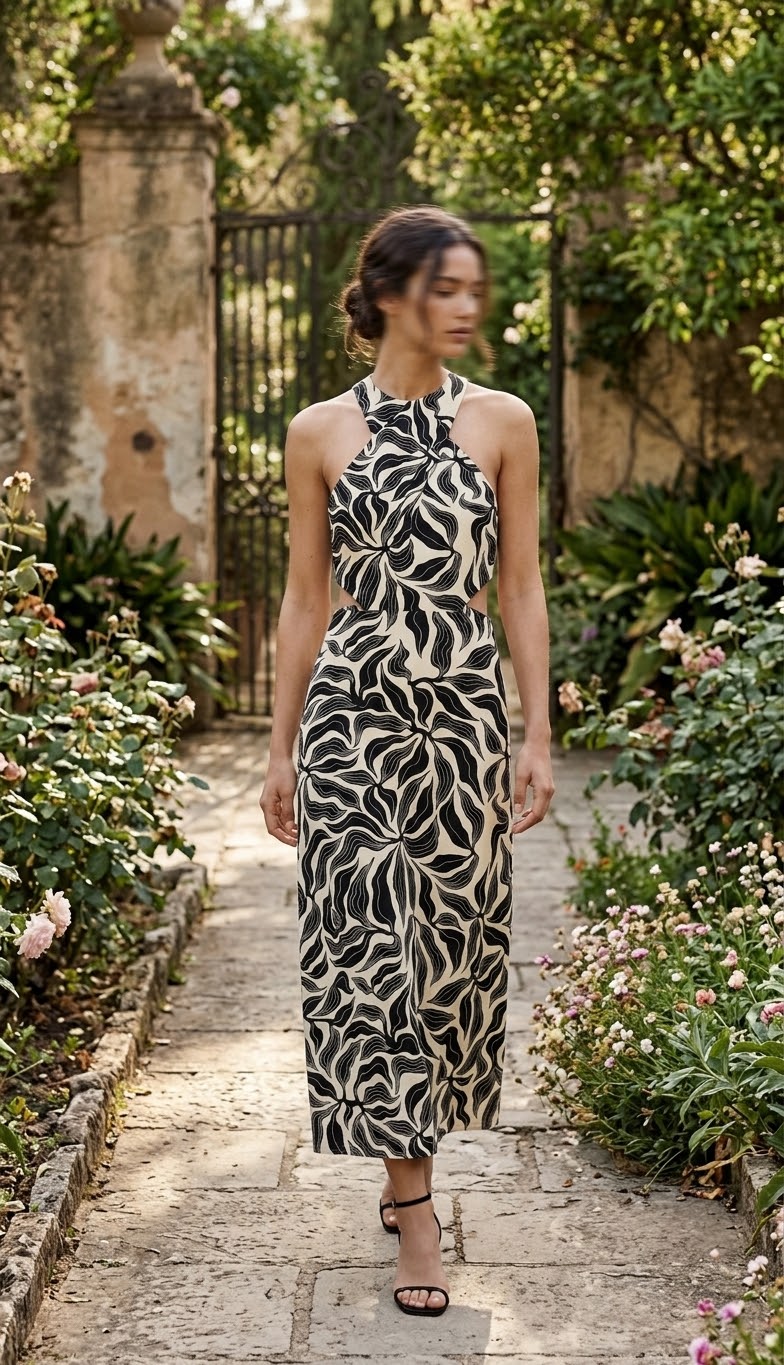 Printed Linen Halter Neck Midi Dress