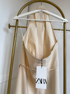Halter Neck Beige Sleeveless Midi Dress