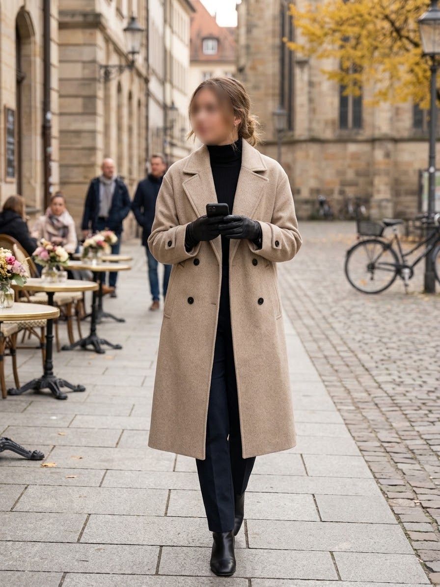     Zara beige wool blend double breasted long coat worn by model
