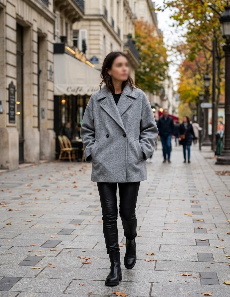     Woman wearing Zara grey double breasted oversized coat outdoors