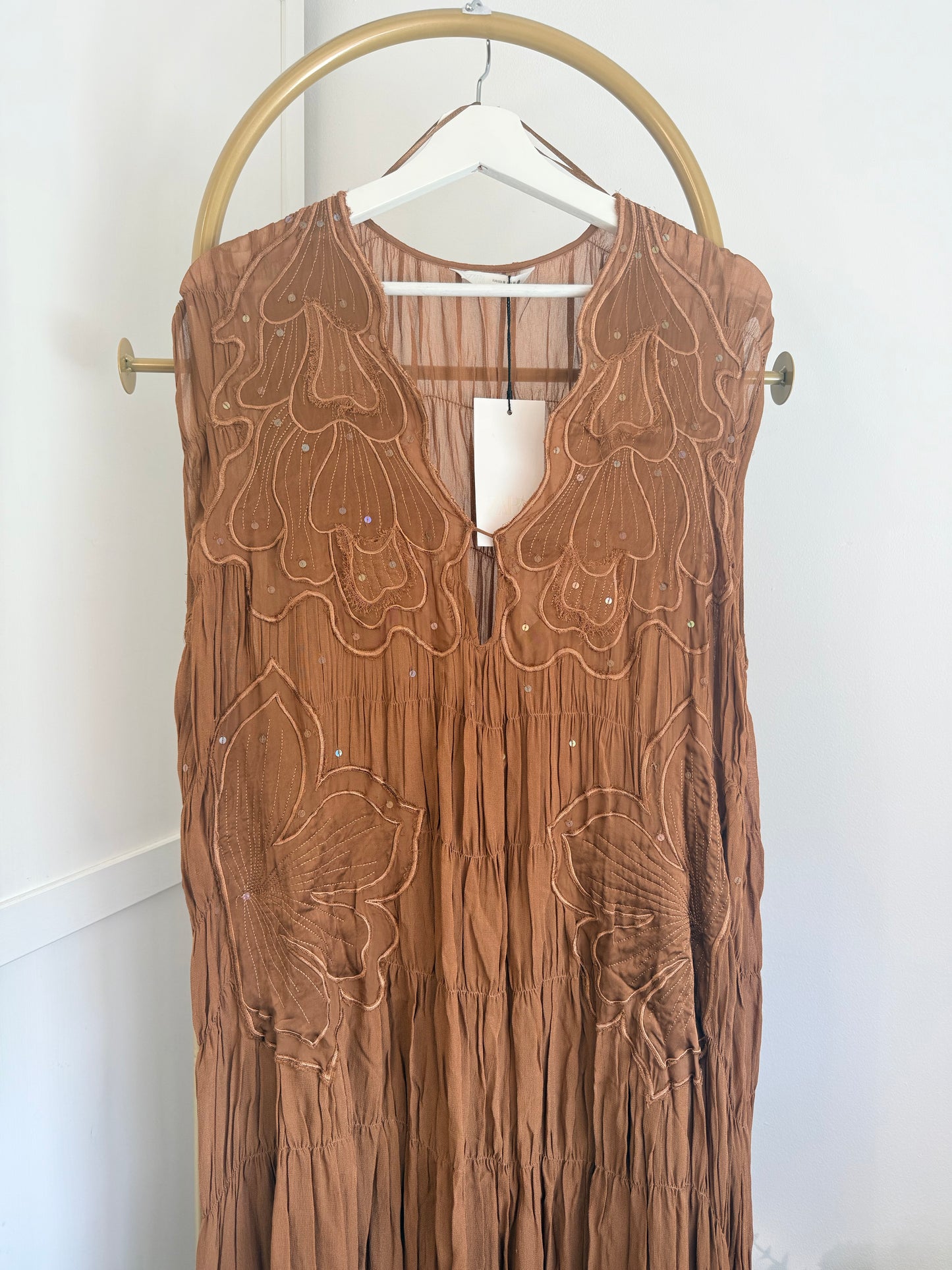 Zara brown embroidered sequins midi dress