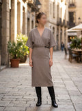     Zara brown short sleeve belted knit midi dress worn by model