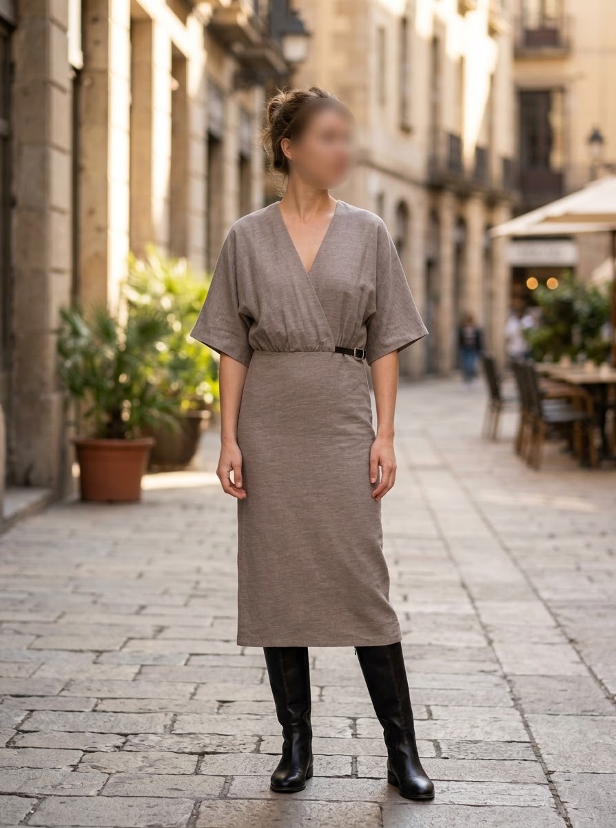     Zara brown short sleeve belted knit midi dress worn by model