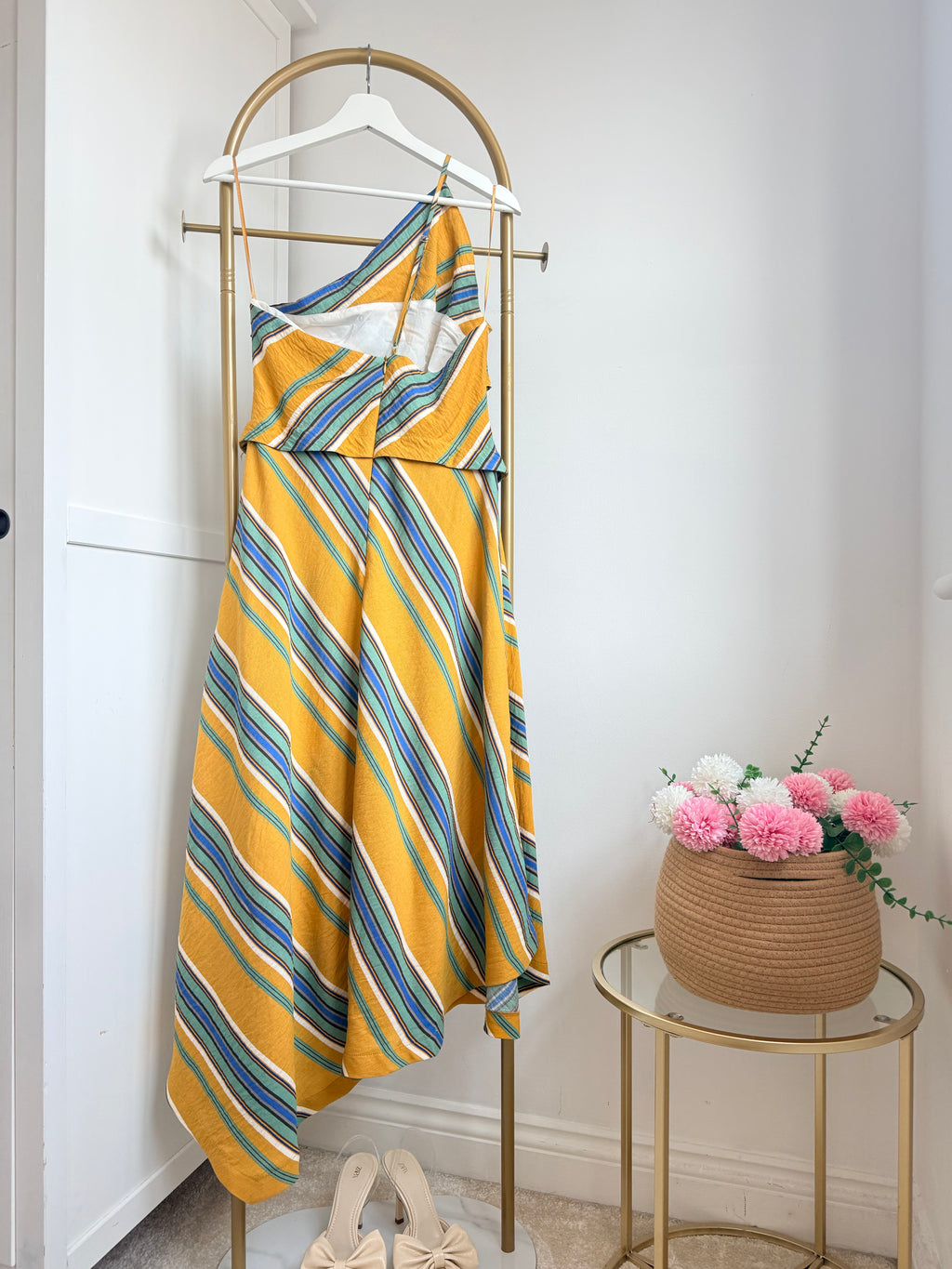 Mustard Striped Asymmetric Midi Dress