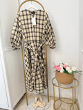 Beige Checked Belted Midi Dress