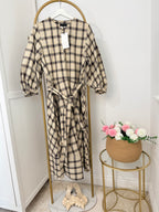 Beige Checked Belted Midi Dress