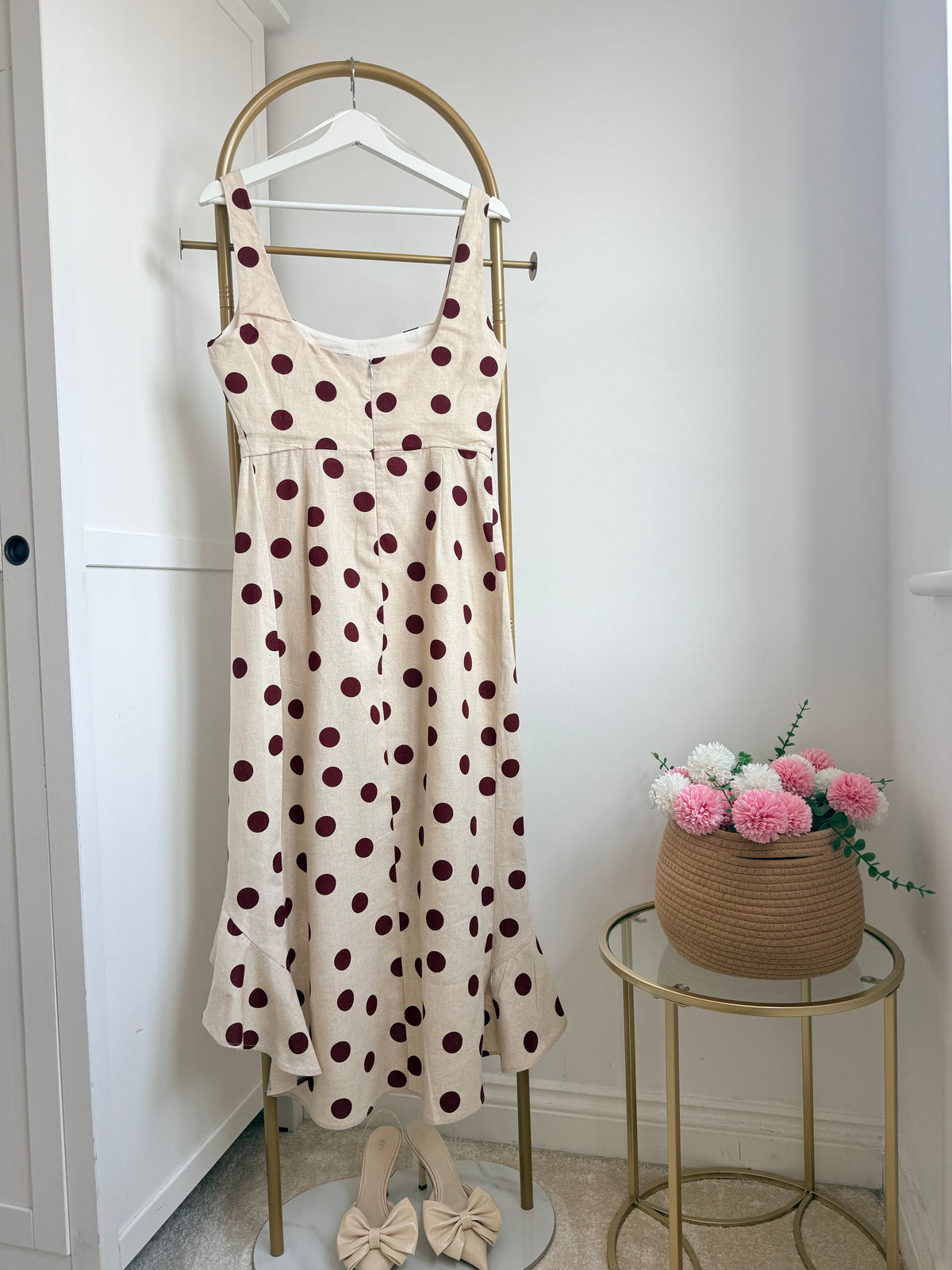 Beige Polka Dot Midi Dress