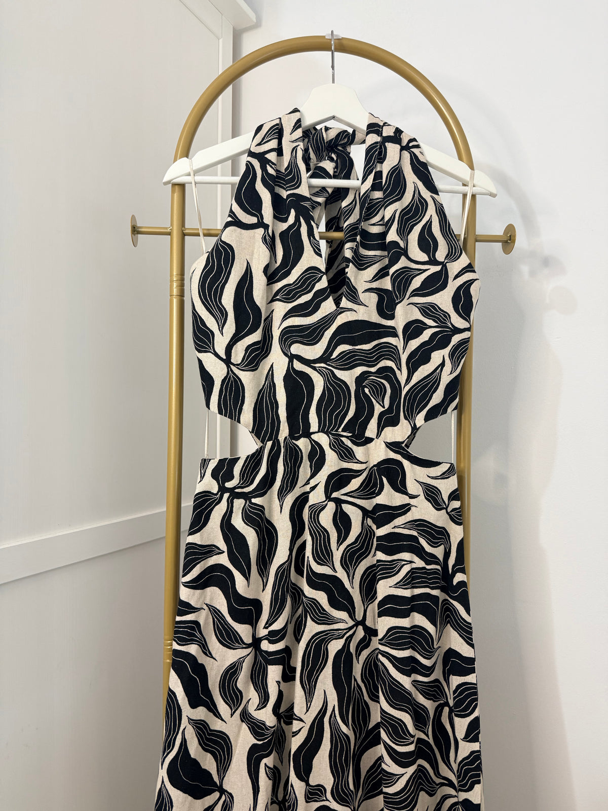 Printed Linen Halter Neck Midi Dress