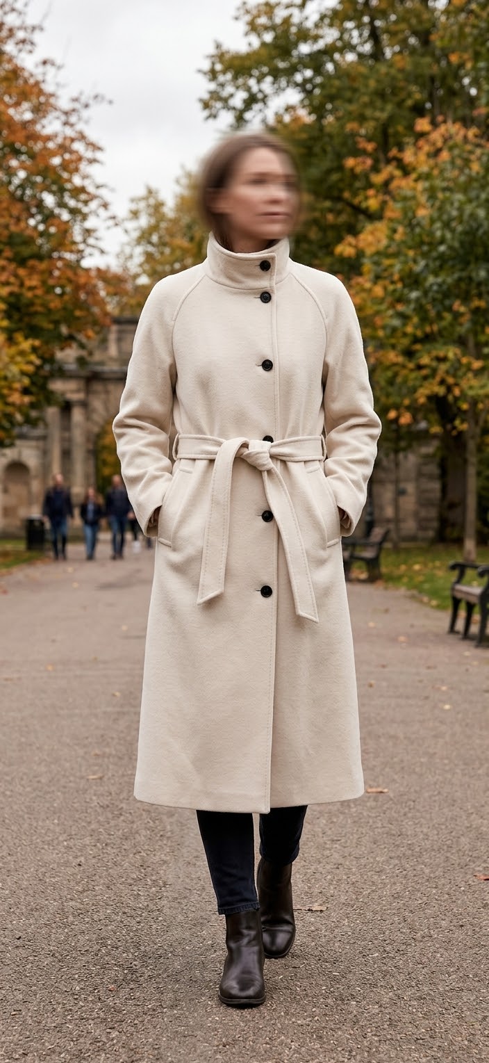     Woman wearing Zara cream belted wool blend long coat