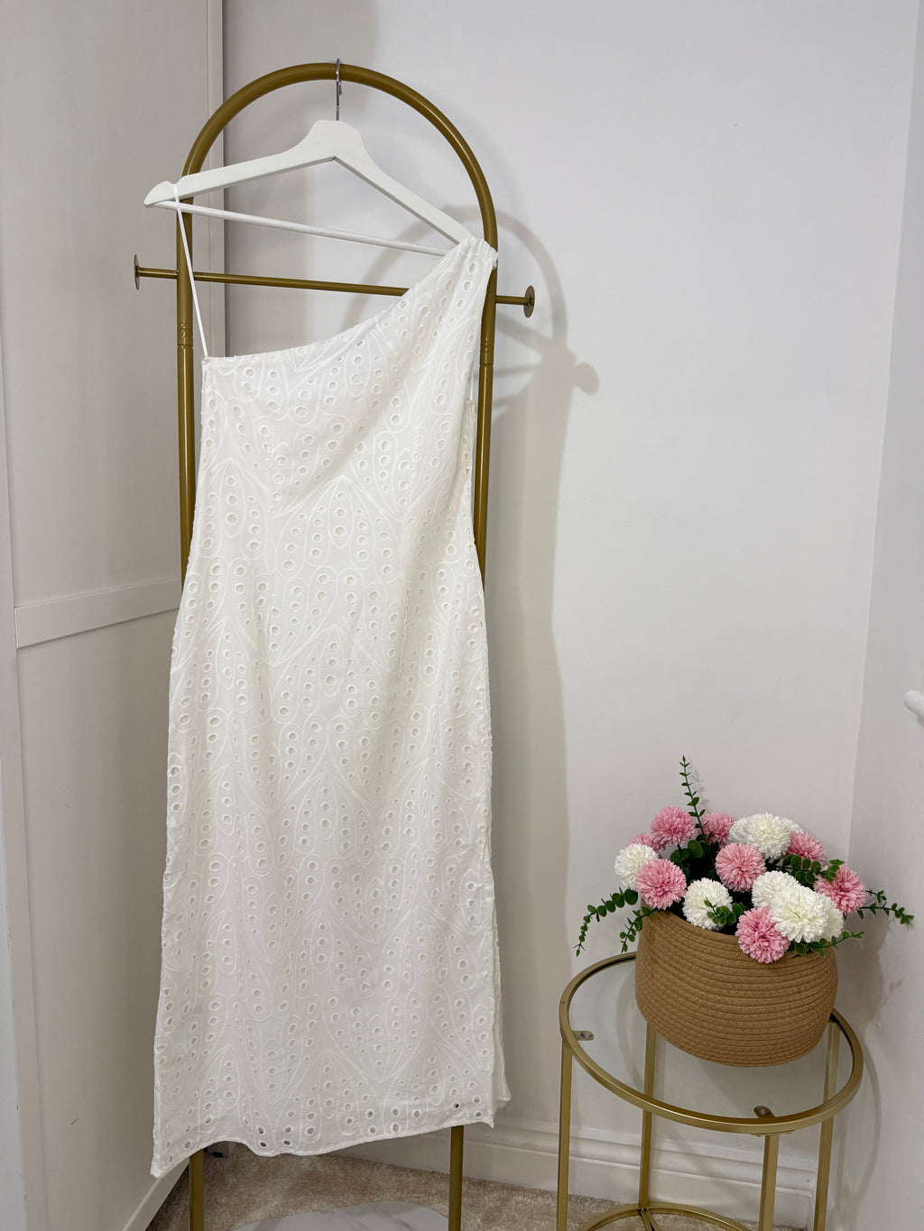 White One Shoulder Embroidered Midi Dress