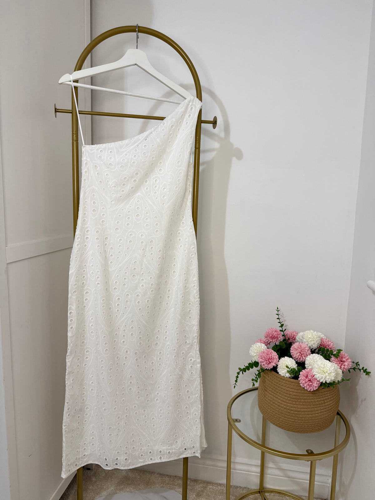 White One Shoulder Embroidered Midi Dress