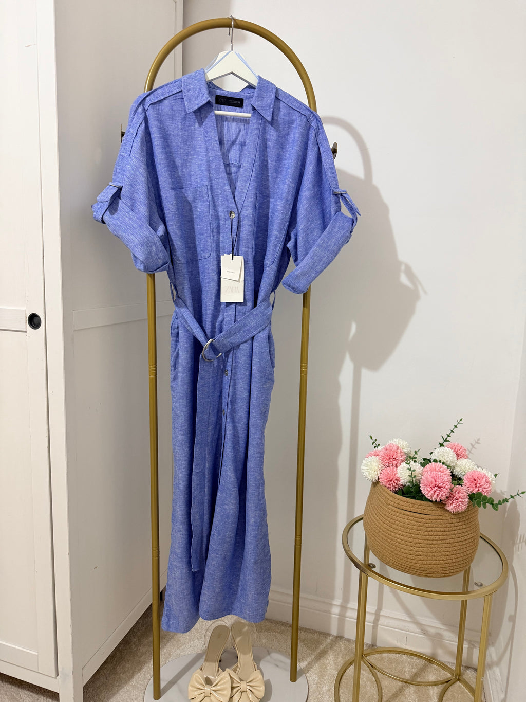 Blue Linen Belted Shirt Dress