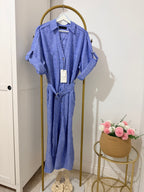 Blue Linen Belted Shirt Dress