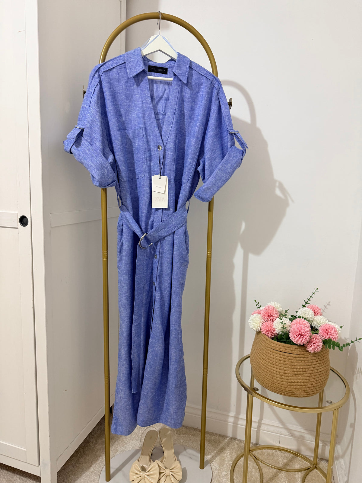 Blue Linen Belted Shirt Dress