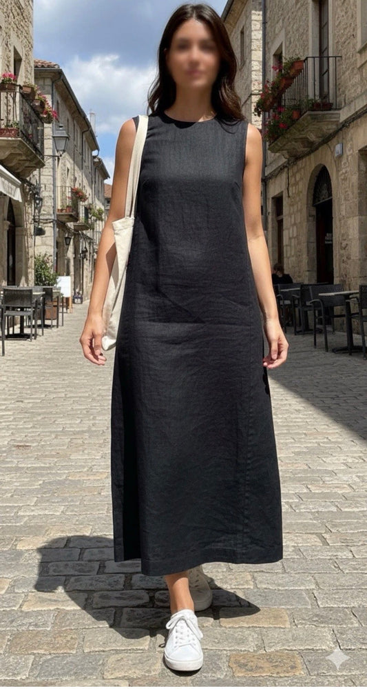Black linen midi dress