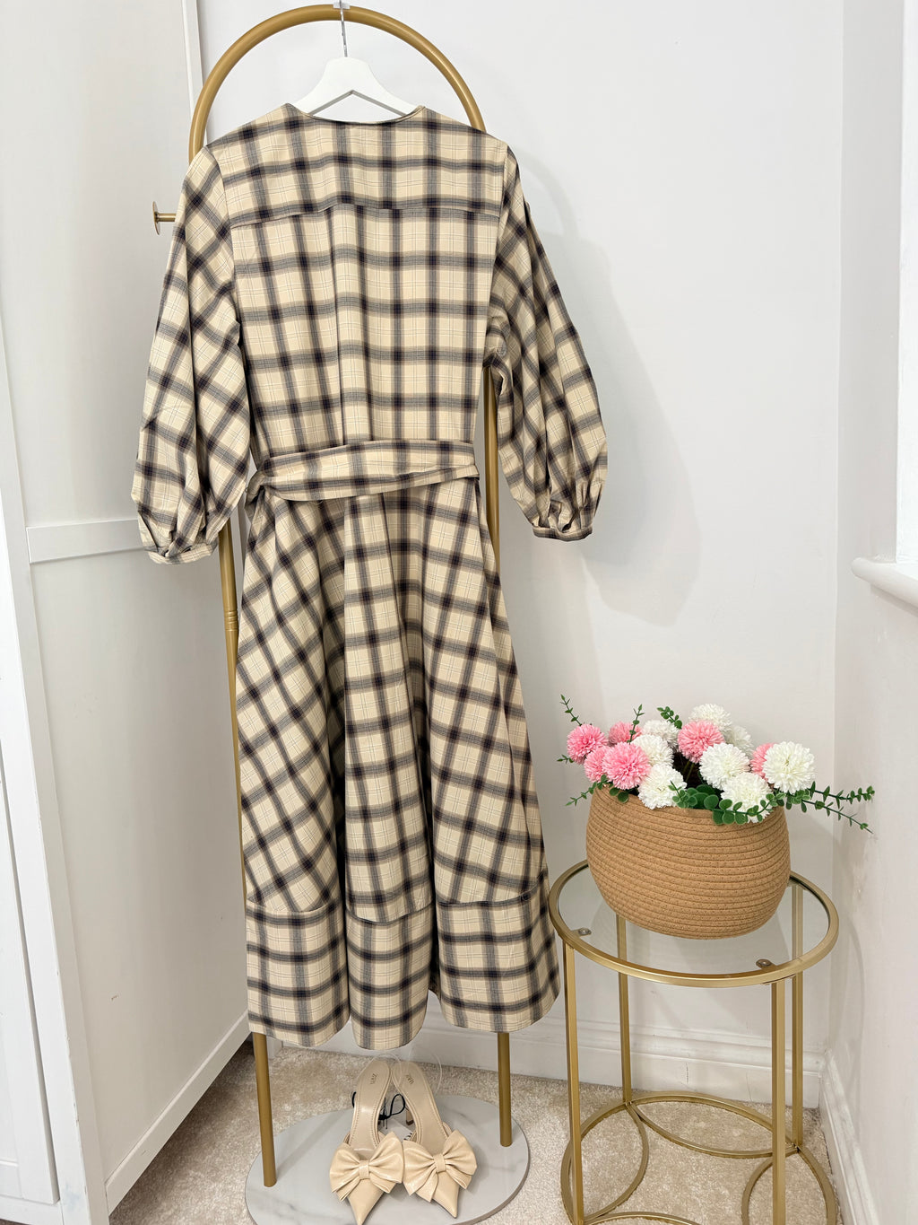 Beige Checked Belted Midi Dress