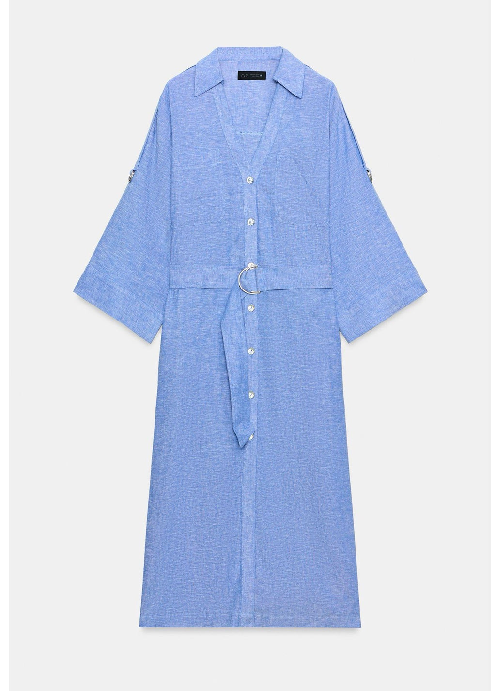 Blue Linen Belted Shirt Dress
