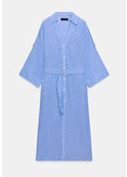 Blue Linen Belted Shirt Dress