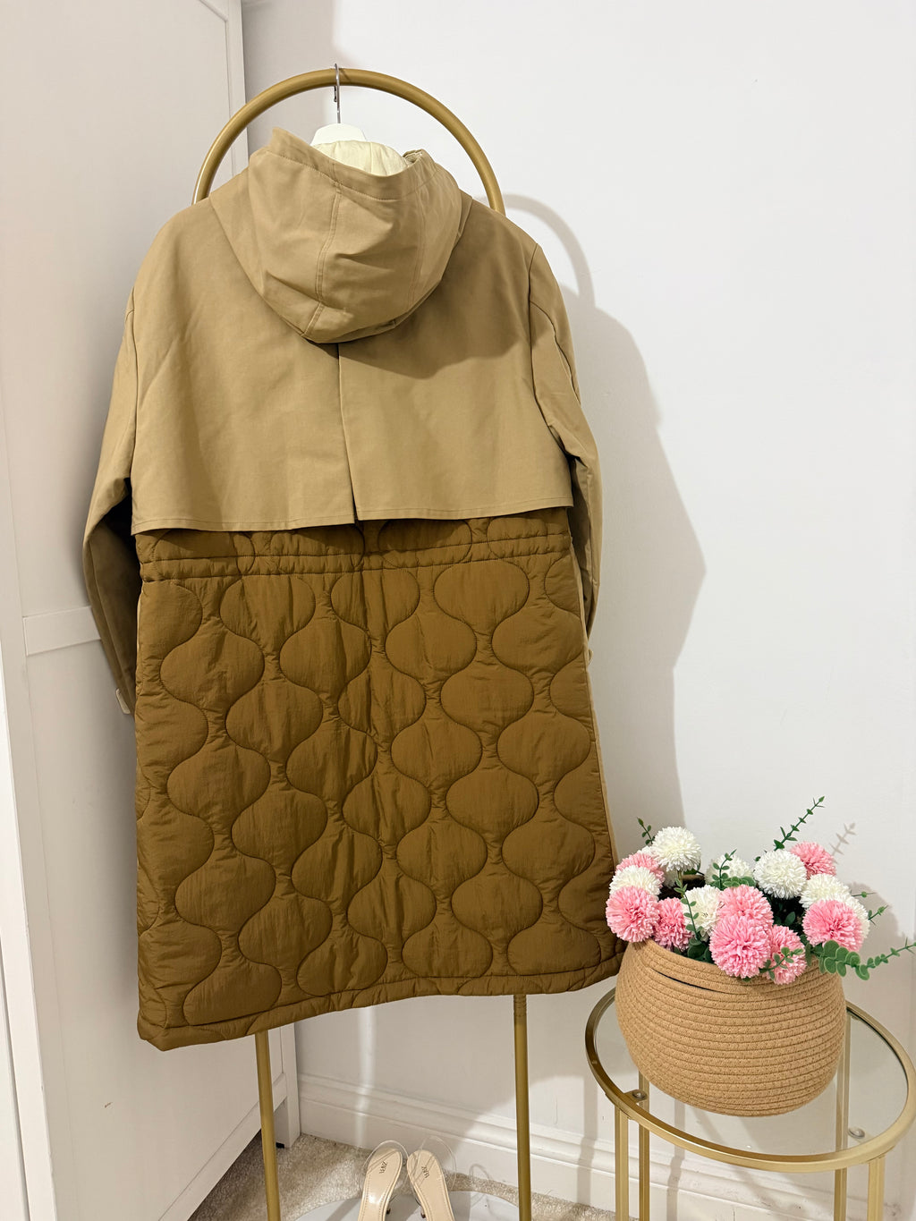     Zara beige padded hooded trench coat back view