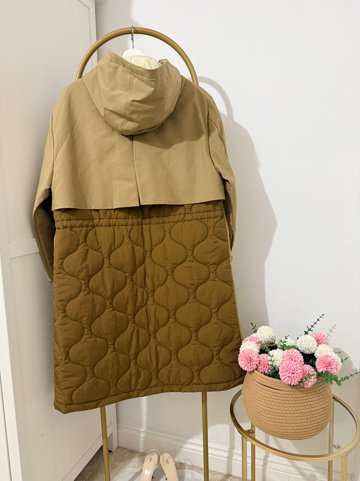     Zara beige padded hooded trench coat back view