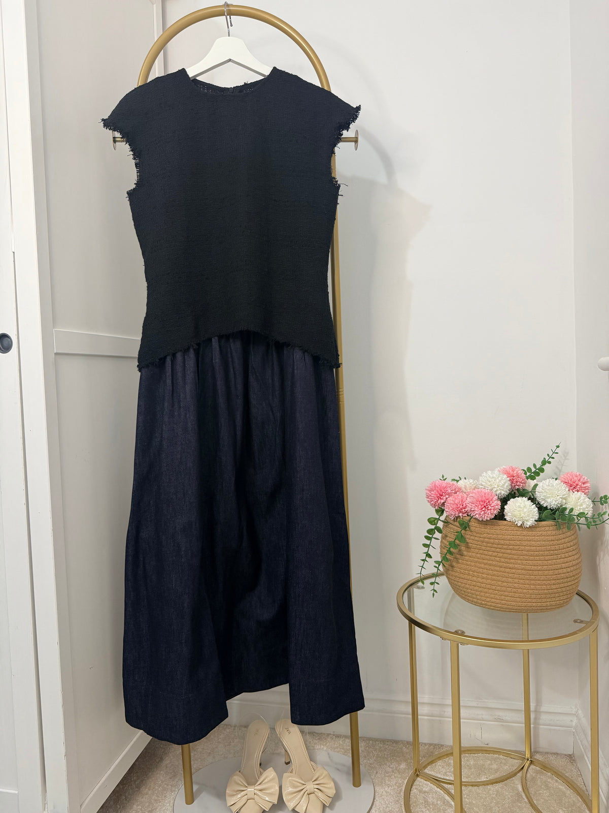 Tweed Denim Combined Sleeveless Midi Dress