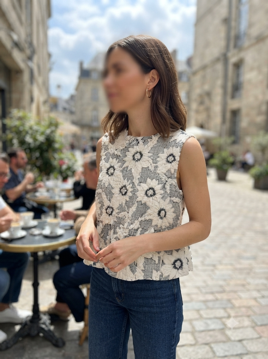     Zara Beige Floral Peplum Knit Top – Model View
