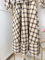 Beige Checked Belted Midi Dress
