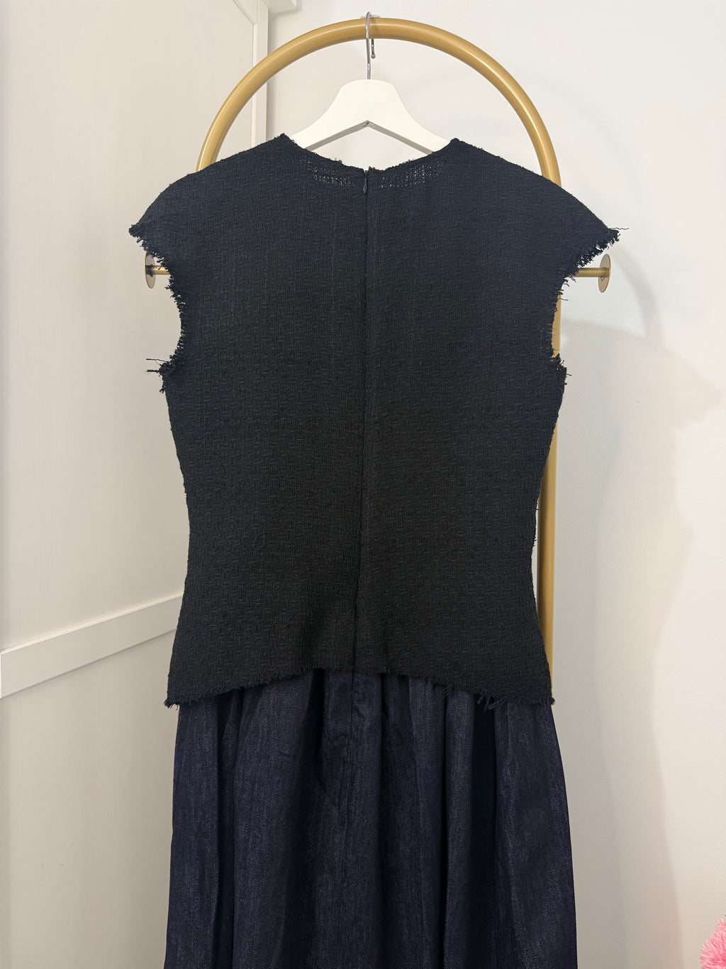 Tweed Denim Combined Sleeveless Midi Dress