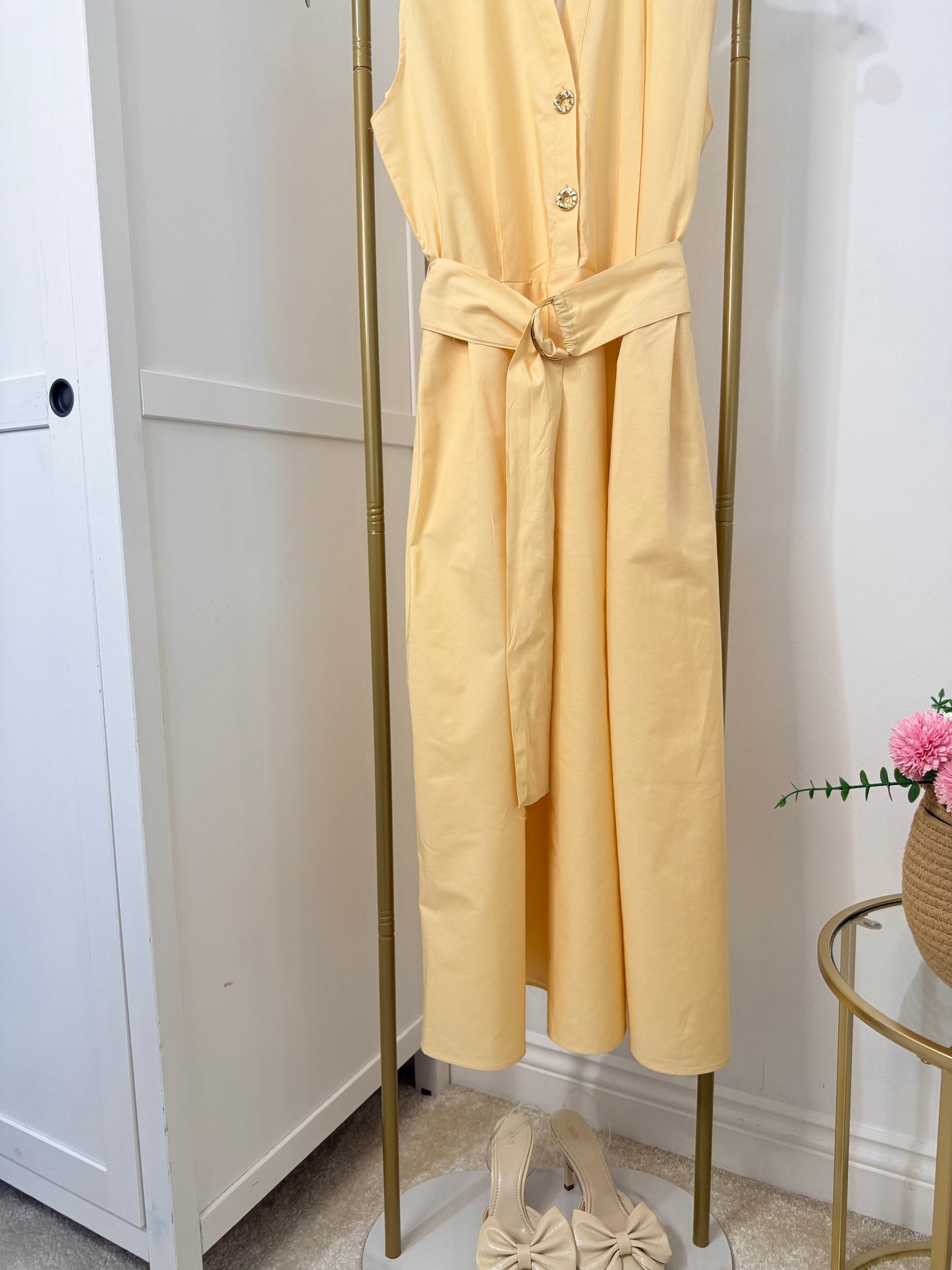 Zara yellow sleeveless poplin belted midi dress 5029/128