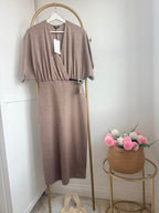     Zara brown belted knit midi dress front view