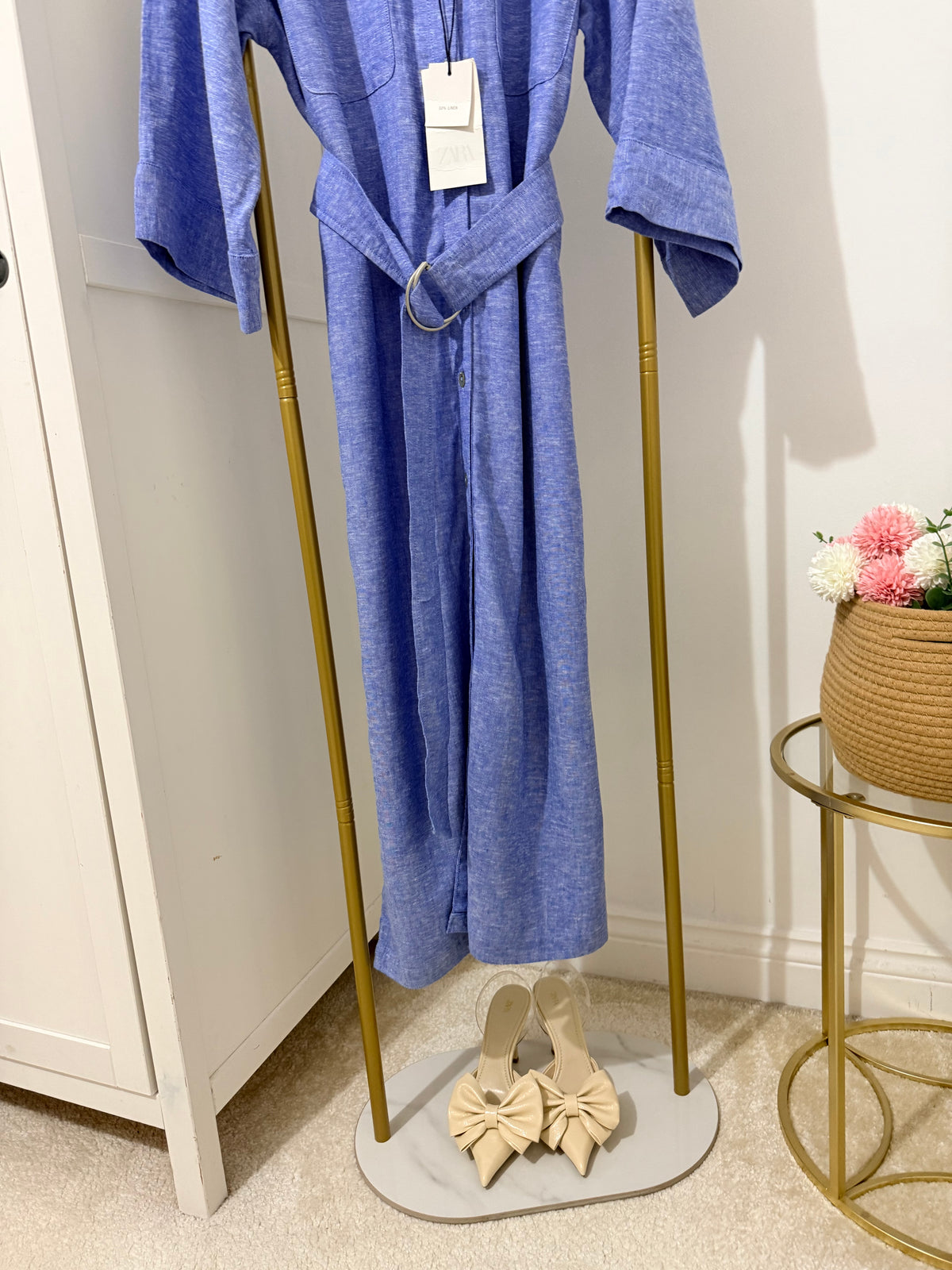 Blue Linen Belted Shirt Dress