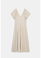 Linen Beige Short Sleeves Midi Dress